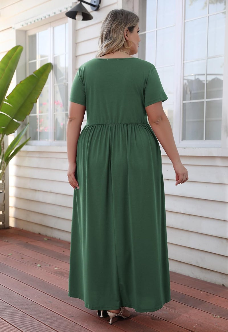 Nemidor Plus Size Maxi Dresses for Curvy Women Summer Casual Loose Short Sleeve Long Beach Dress with Pocket(149,20,Green) - Image 2